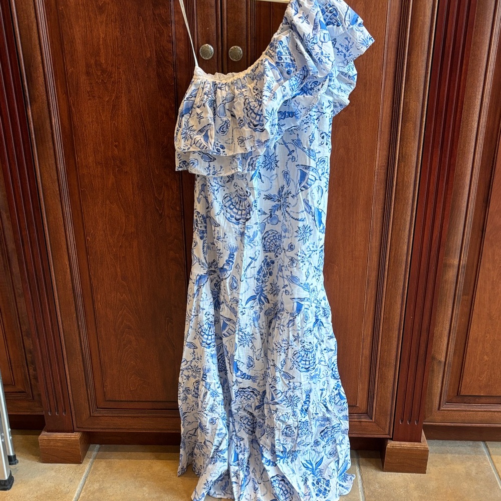 Lilly Pulitzer Blue and White One-Shoulder Ruffle Maxi Dress